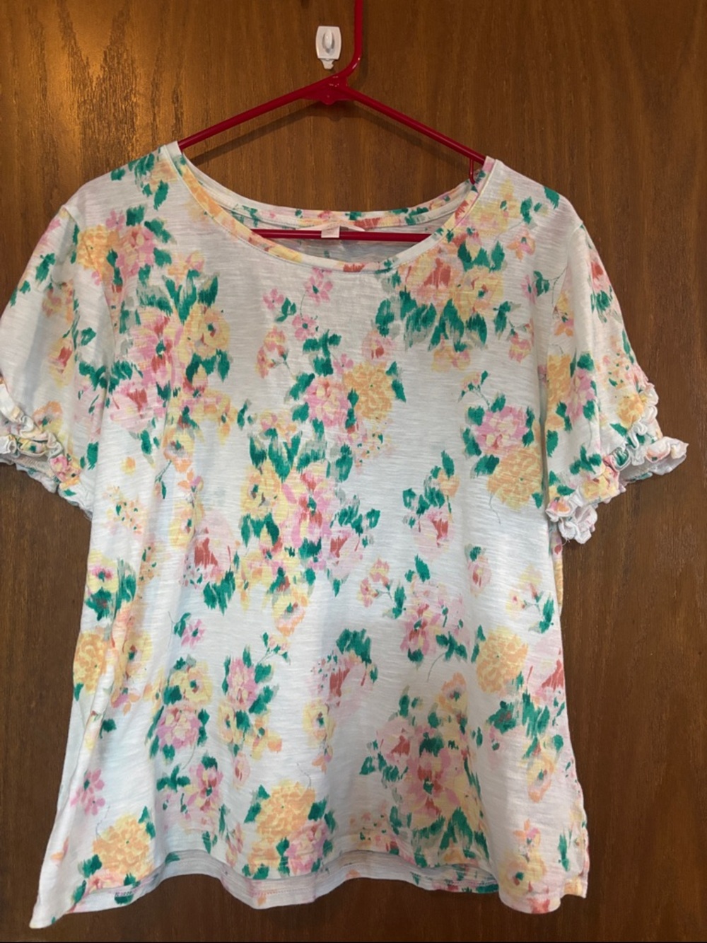 LC Lauren Conrad White Floral Short Sleeve Top with Pink, Yellow & Green